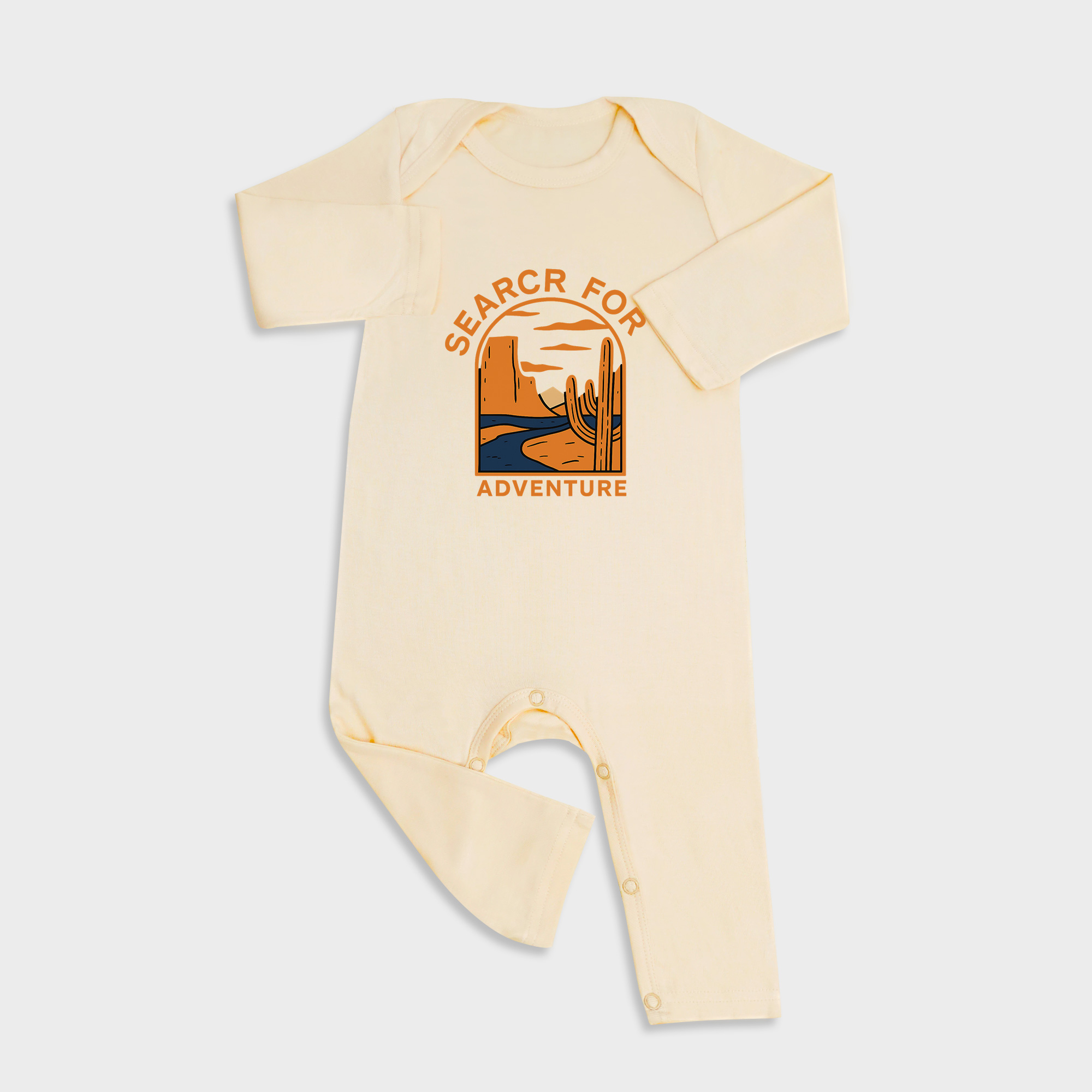 Baby romper featuring Search For Adventure design in Light Yellow