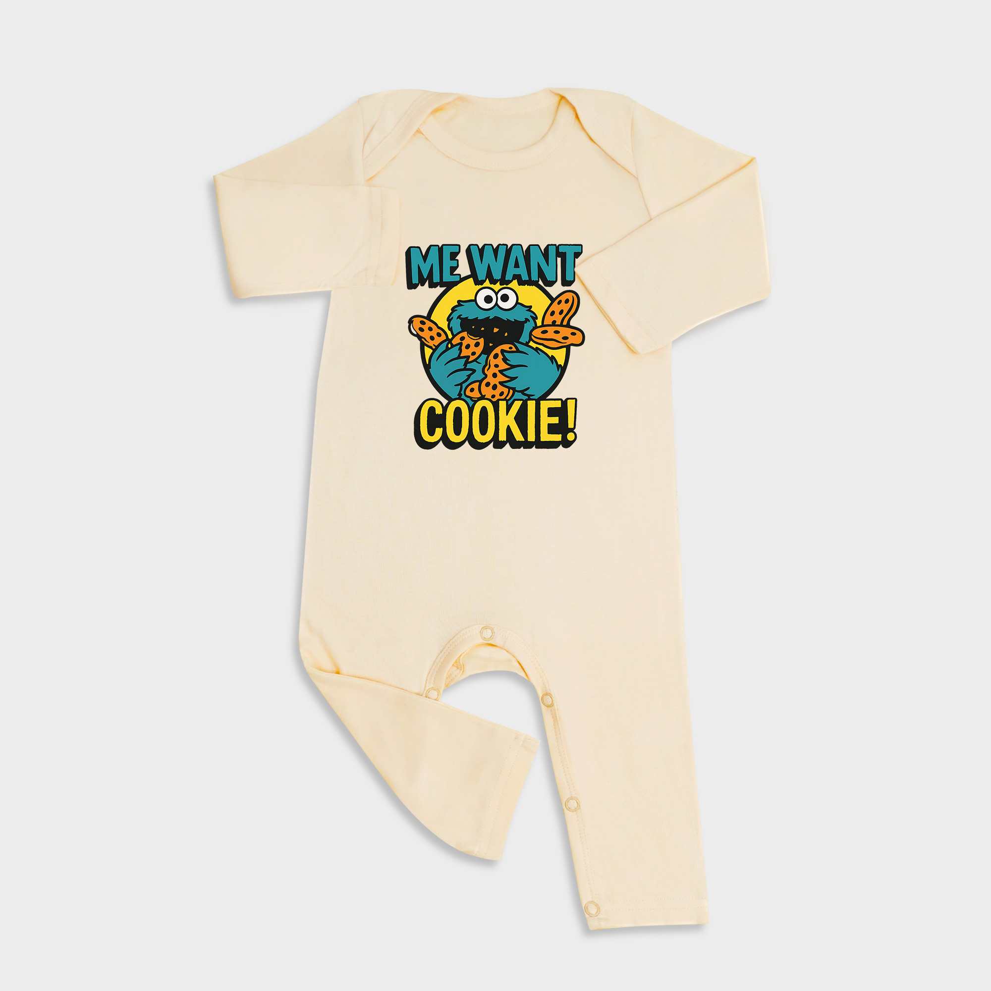 Baby romper featuring Sesame Street Cookie Monster design in Light Yellow