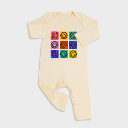 Smile Face Long Sleeve &Long Leg Jumpsuit Light Yellow