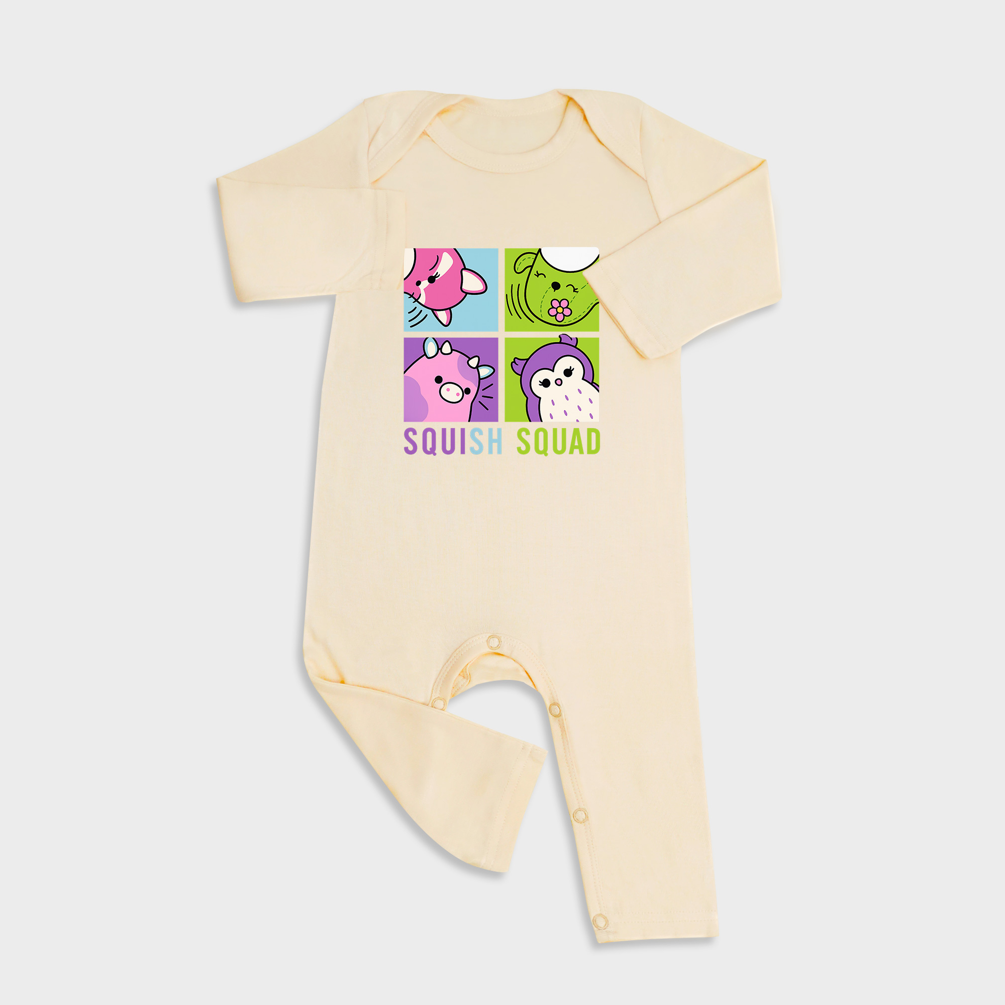 Baby romper featuring Squishmallow design in Light Yellow
