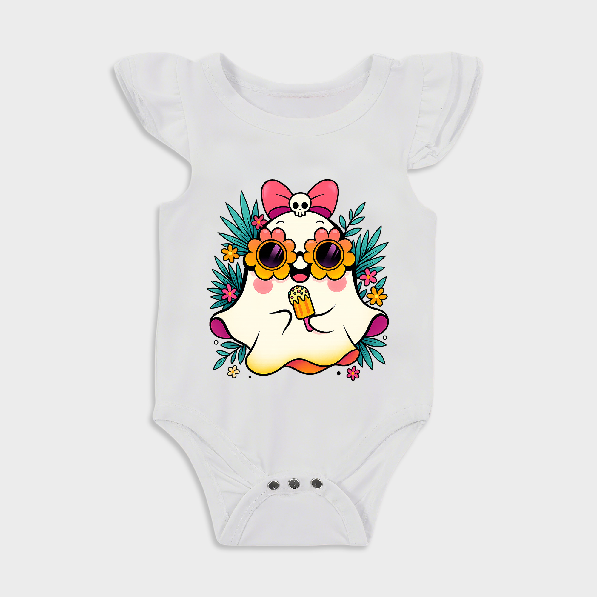 Summerween Ghost Flowers Ruffled Triangle Onesies in White Baby onesies