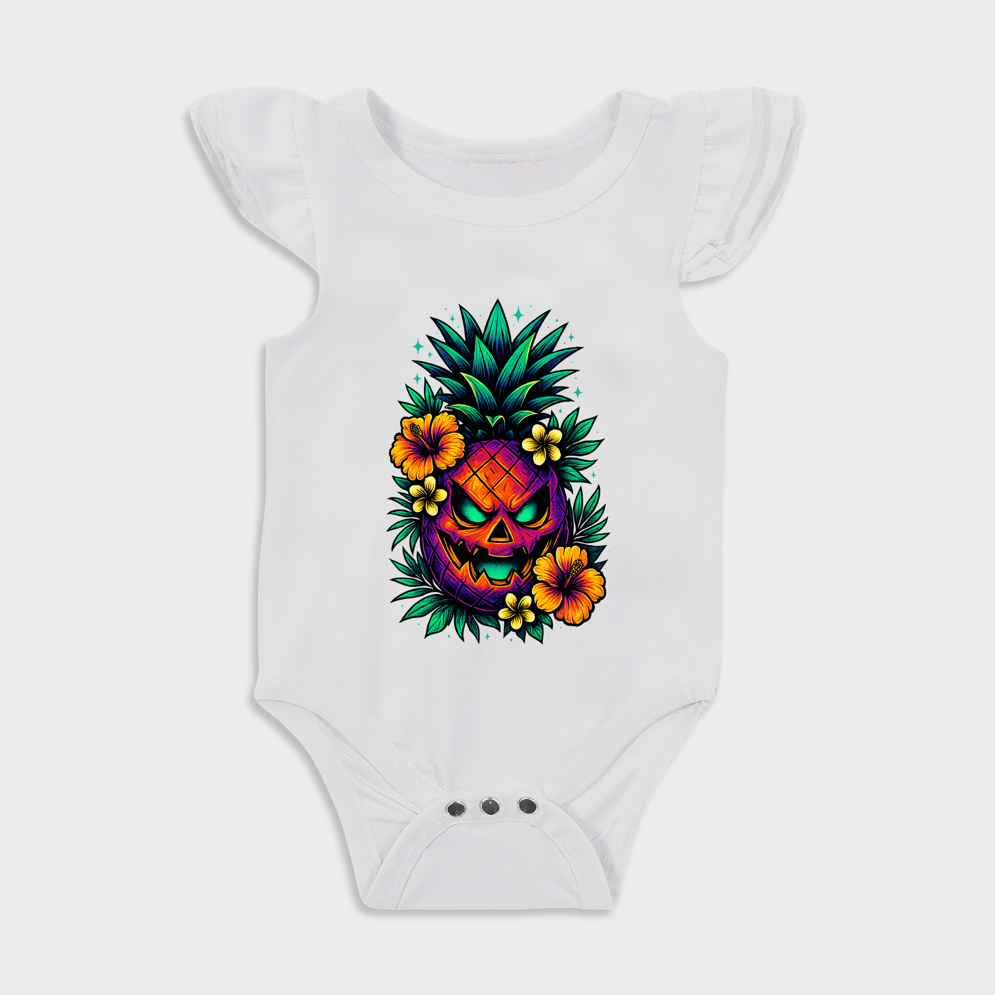 Summerween Skull Pineapple Ruffled Triangle Onesies in White Baby onesies