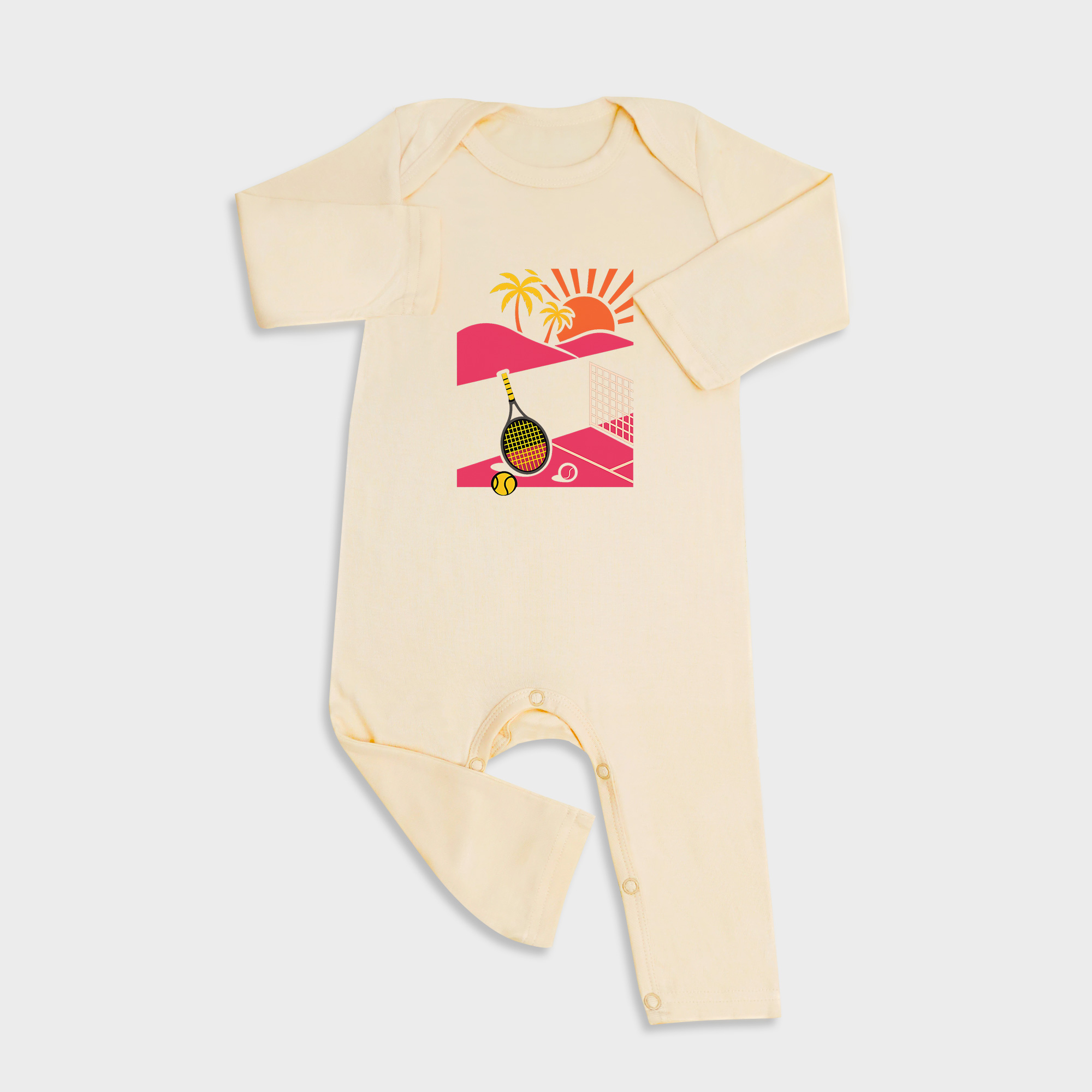 Baby romper featuring Tennis & Sunshine design in Light Yellow