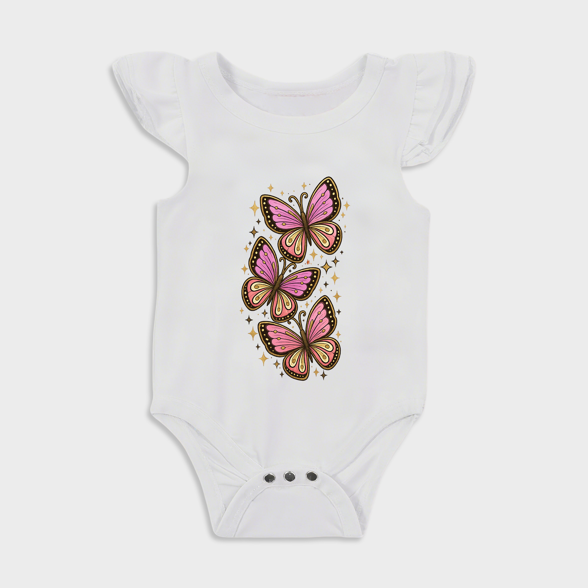 Three Butterflies Ruffled Triangle Onesies in White Baby onesies