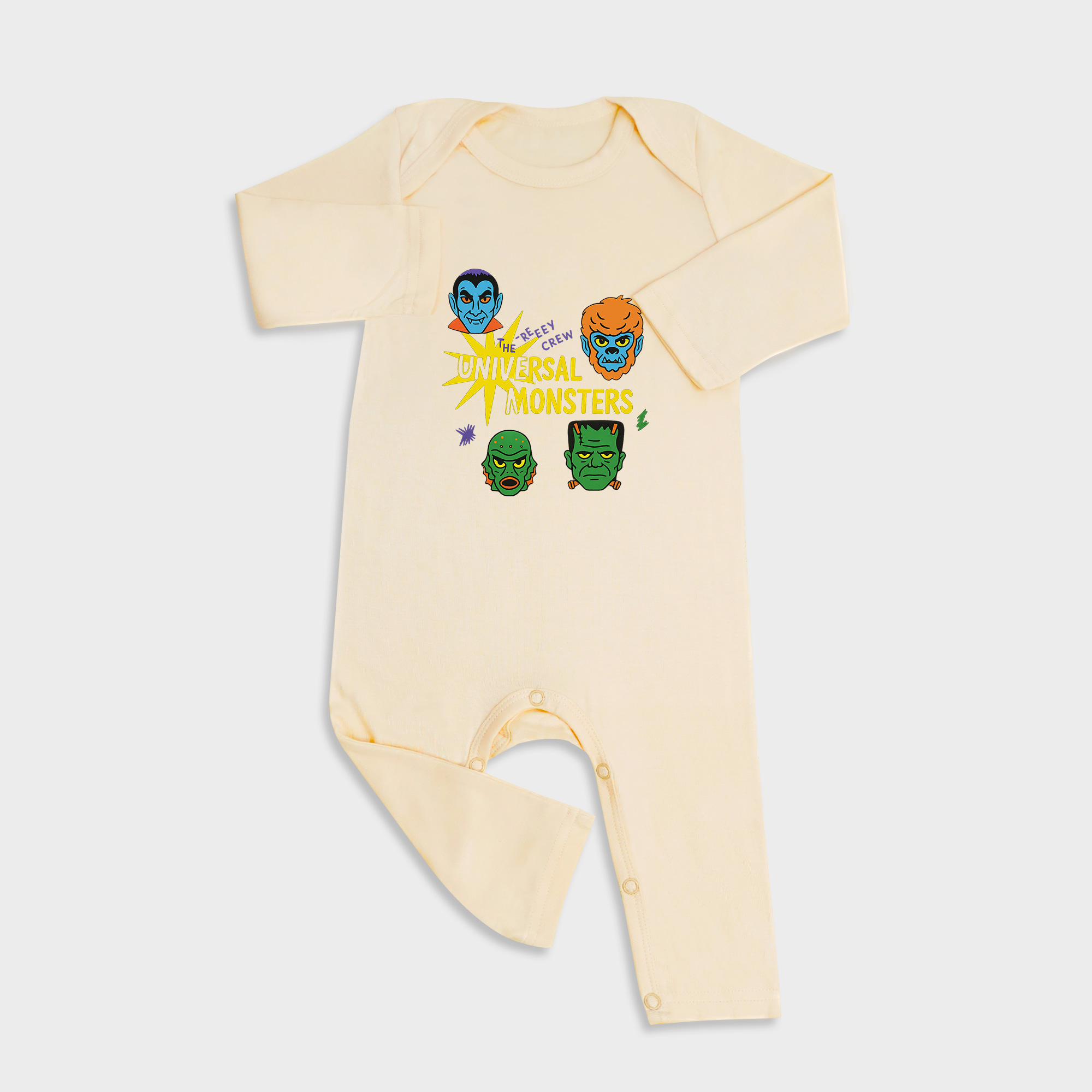 Baby romper featuring Universal Monsters Halloween design in Light Yellow