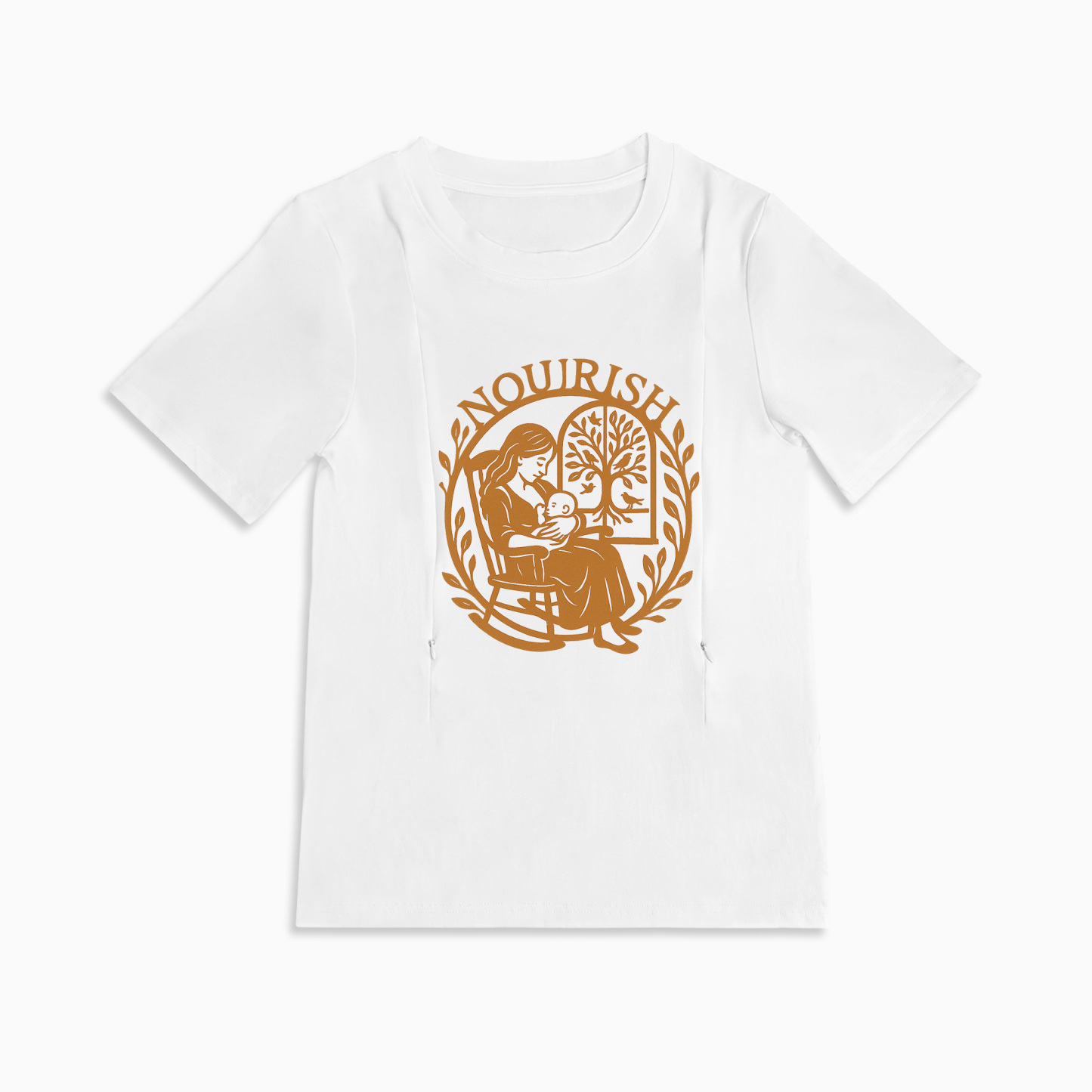 Postpartum T-Shirt for Nursing | Nourish Slogan | Zipper Access