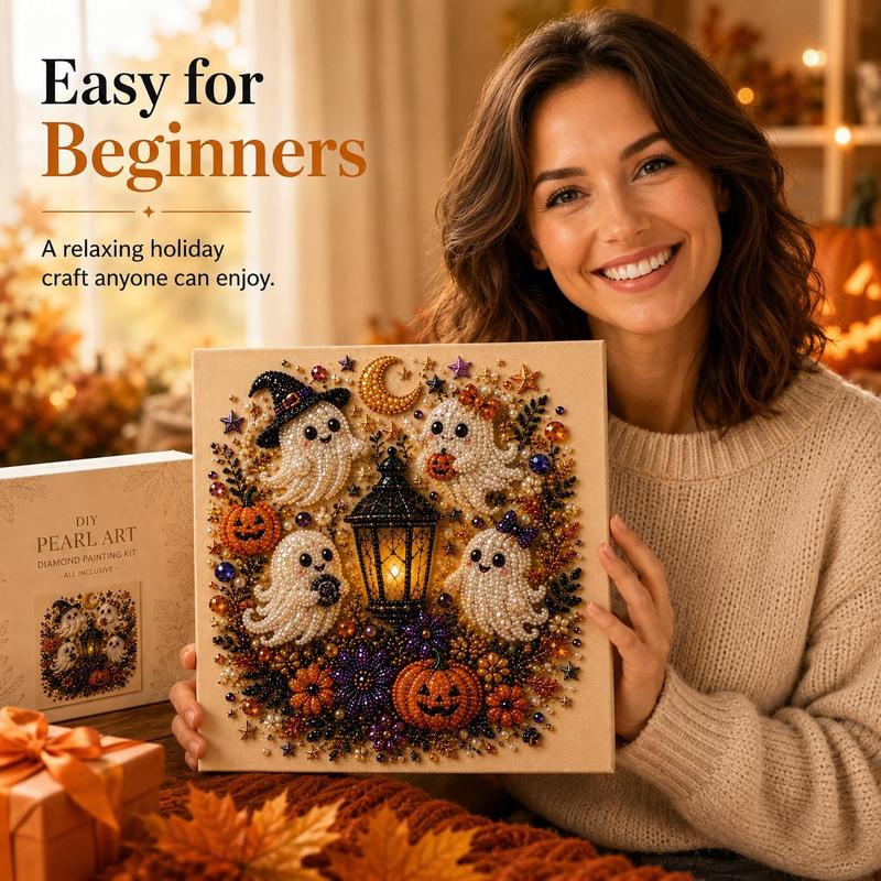 Cute Ghost Diamond Painting Kit – 3D Halloween Pearl Bead Wall Art