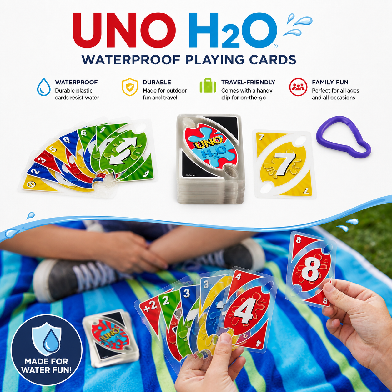 UNO H2O To Go Waterproof Card Game – Portable Family Travel Game for Pool, Beach & Camping