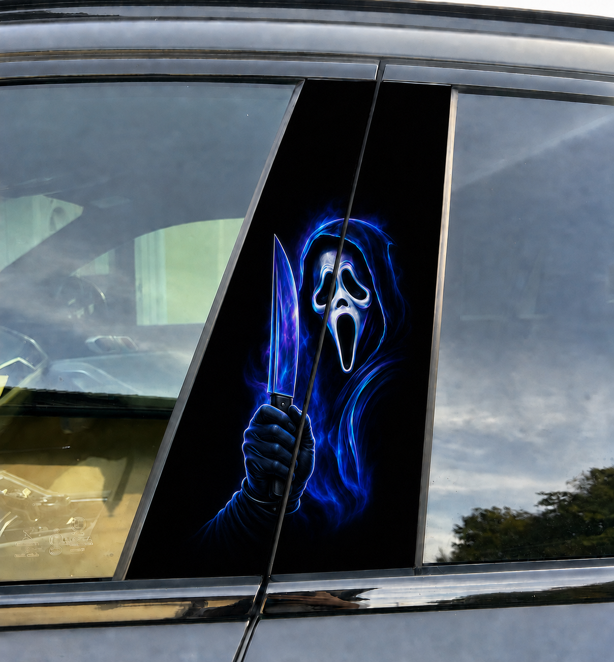 Blue Neon Masked Slasher Premium Vinyl Car Pillar Sticker – Available for One Side or as a Mirrored Pair
