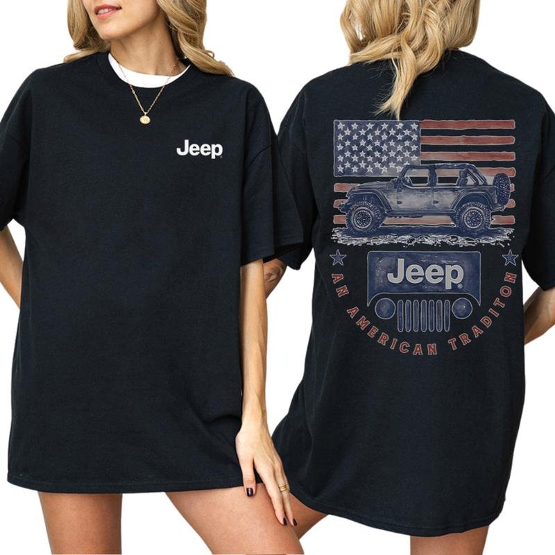 Cotton Vintage Jeep American Tradition Two Sided Unisex Shirt, USA Flag Tshirt, Car Enthusiast Tops,Casual