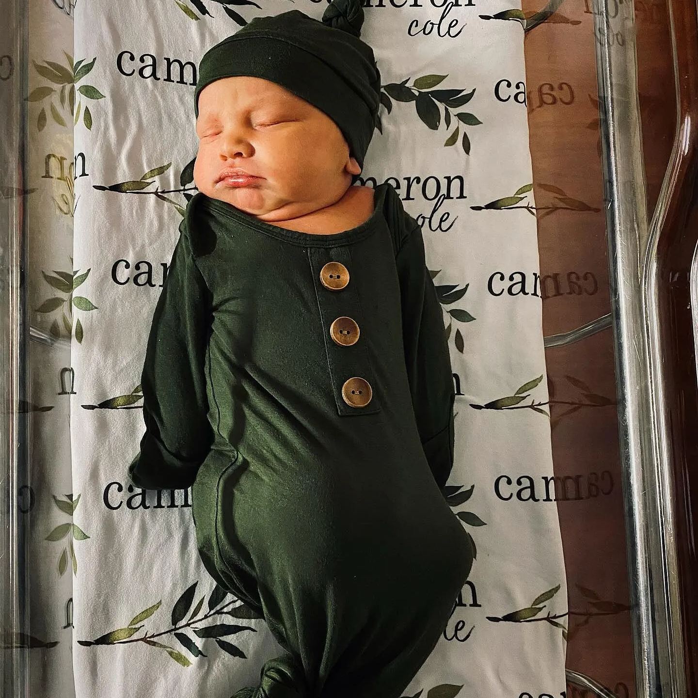 Baby Boy Bamboo Fiber Olive Green Knot Gown & Hat – Newborn Baby Gift, Soft and Comfortable, Unisex Style