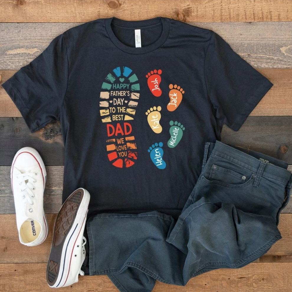 Fathers Day Family Matching T Shirt Personalized Dad And Kids Footprints Names Shirt