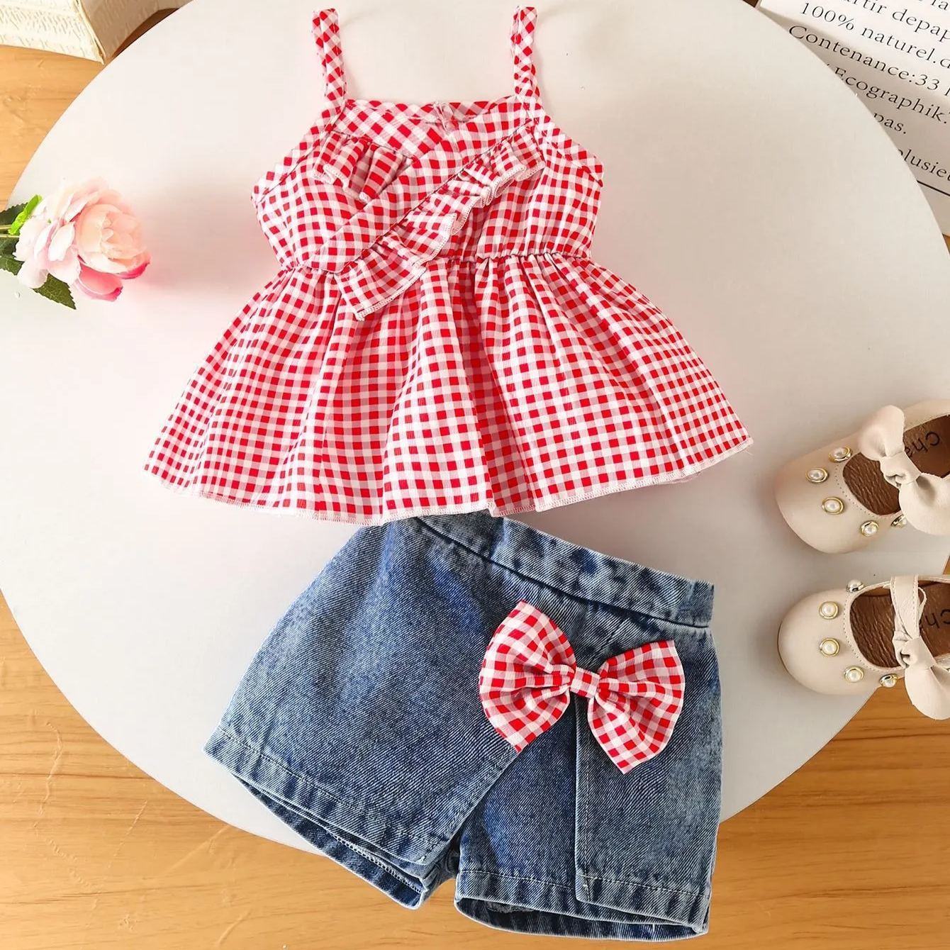 2pcs Baby Girls Red Seersucker Strappy Outfit