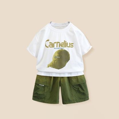 2pcs Toddler Boys Hat Print Tee & Shorts Outfit