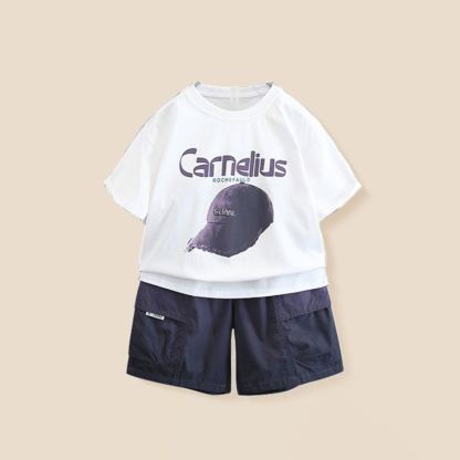 2pcs Toddler Boys Hat Print Tee & Shorts Outfit