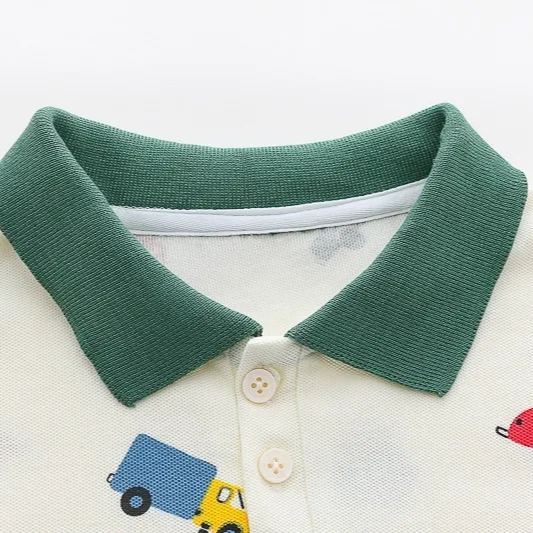 2pcs Toddler Boys Colorful Car Print Polo Shirt & Matching Shorts