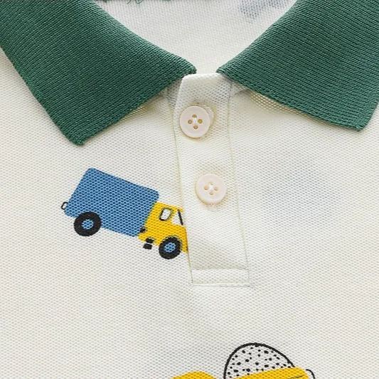 2pcs Toddler Boys Colorful Car Print Polo Shirt & Matching Shorts