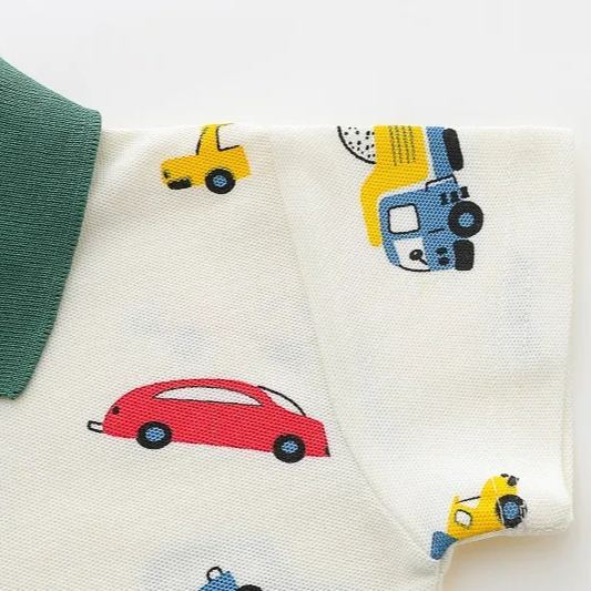 2pcs Toddler Boys Colorful Car Print Polo Shirt & Matching Shorts
