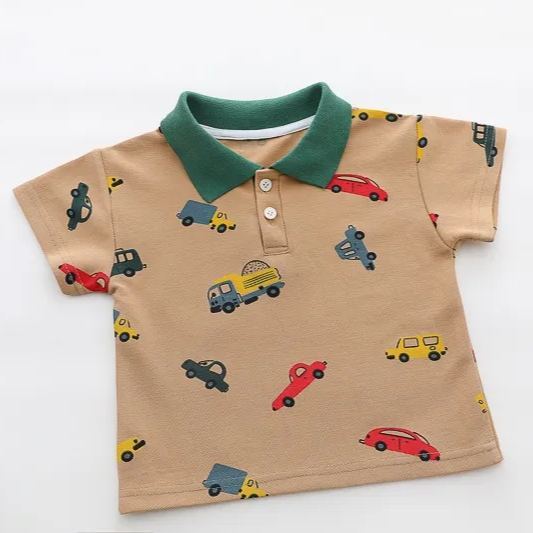 2pcs Toddler Boys Colorful Car Print Polo Shirt & Matching Shorts