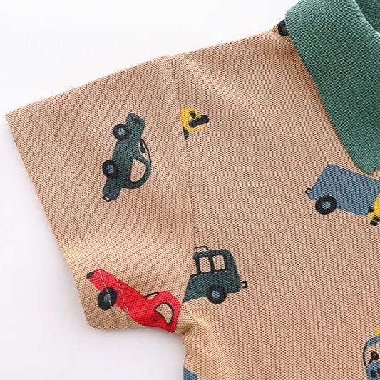 2pcs Toddler Boys Colorful Car Print Polo Shirt & Matching Shorts