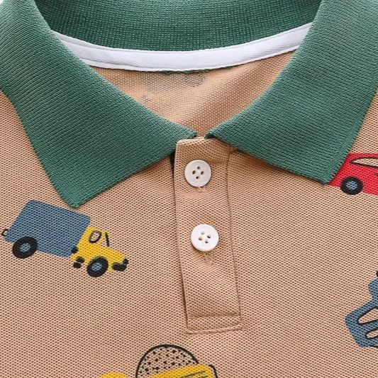 2pcs Toddler Boys Colorful Car Print Polo Shirt & Matching Shorts