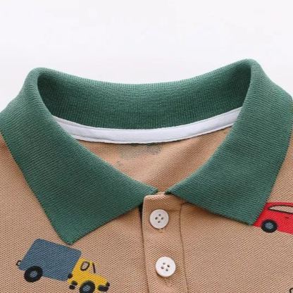 2pcs Toddler Boys Colorful Car Print Polo Shirt & Matching Shorts
