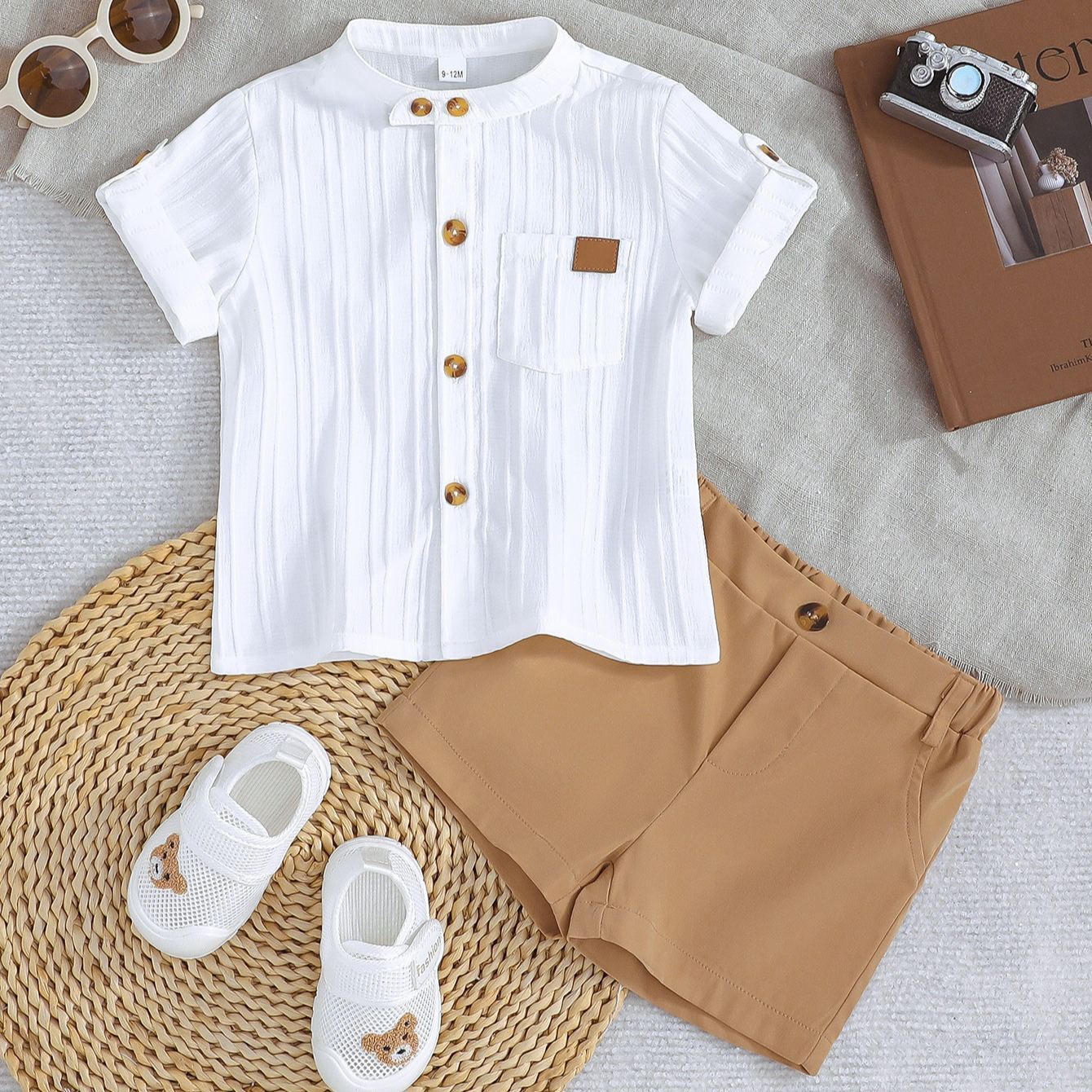 2pcs Toddler Boys Solid Color Striped Short Sleeve Shirt & Shorts