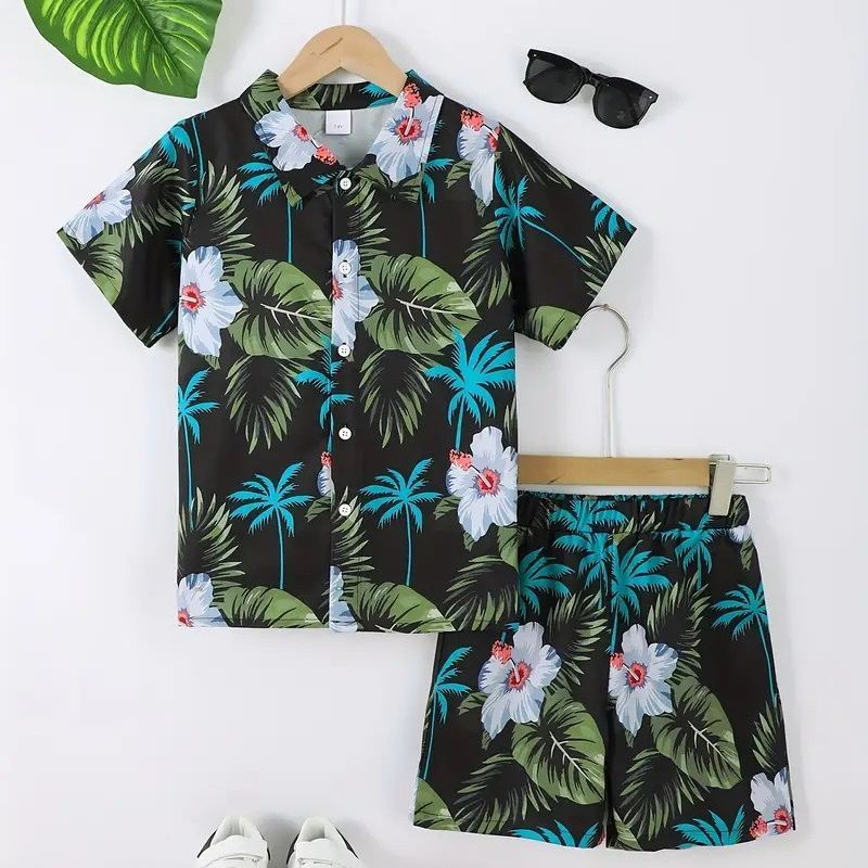 [Copy]2pcs Toddler Boys Tropical Printed Short Sleeve & Shorts