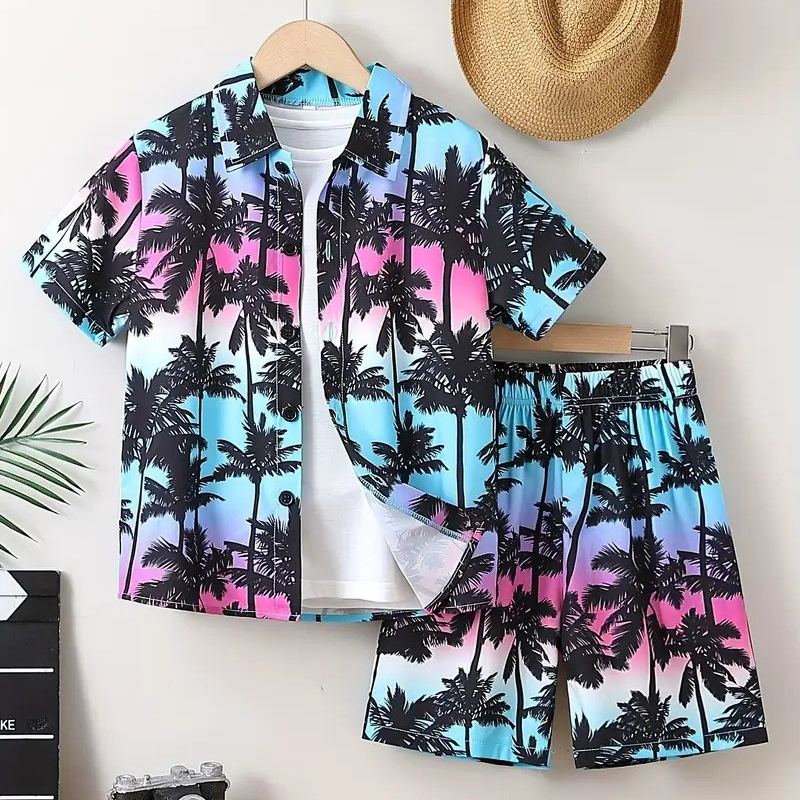 [Copy]2pcs Toddler Boys Dark Coconut Tree Beach Style Short Sleeve Tee & Shorts