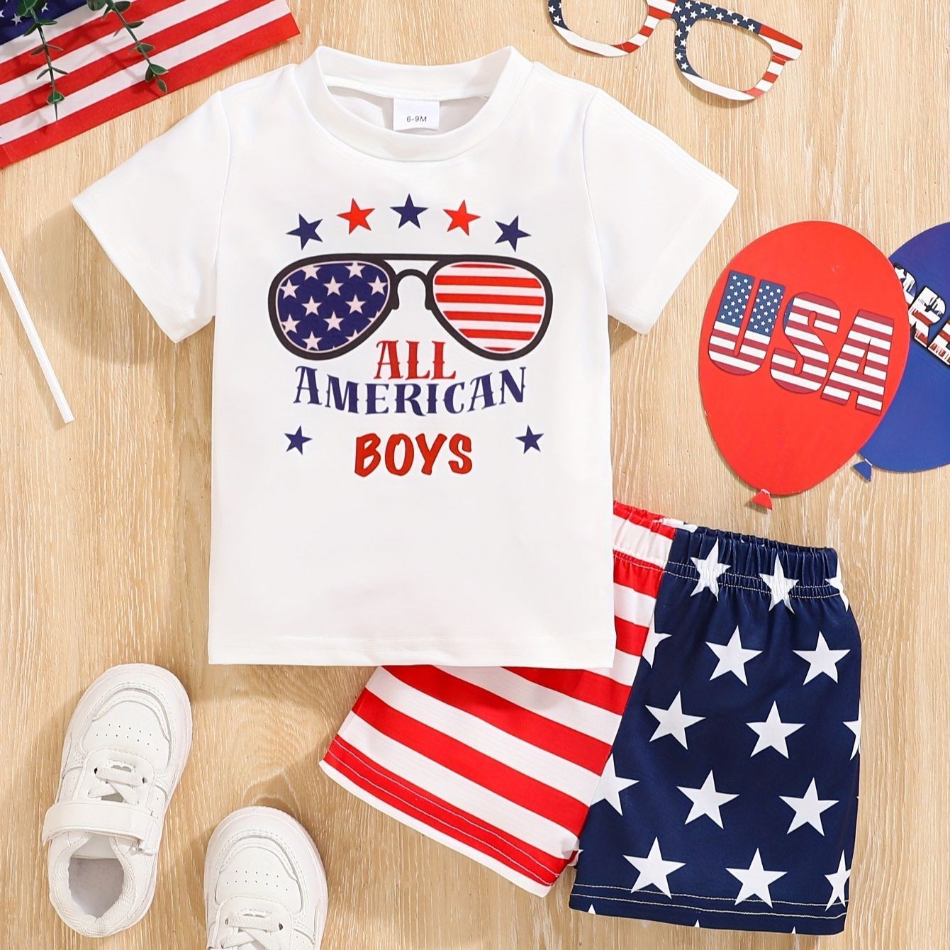 2pcs Toddler Boys 4th of July Short Sleeve Tee & Stretch Sports Pants