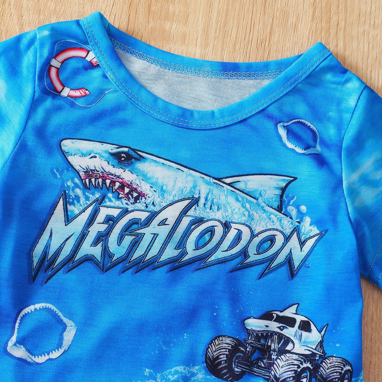 2pcs Toddler Boys Shark & Car Print Casual Shorts Set