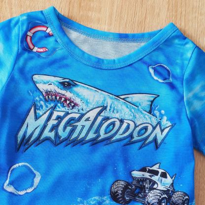 2pcs Toddler Boys Shark & Car Print Casual Shorts Set