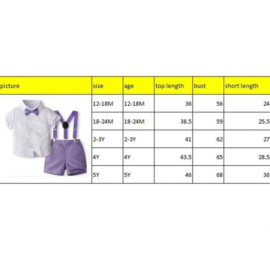 2pcs Toddler Boys  Gentleman Outfit Vertical Stripe Print Short Sleeves Shirt With Bow Tie & Suspender Shorts