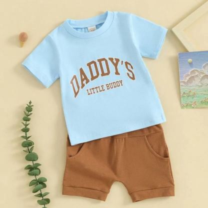 2pcs Toddler Boys Letter Print Short Sleeve T-Shirt With Elastic Waist Solid Color Shorts
