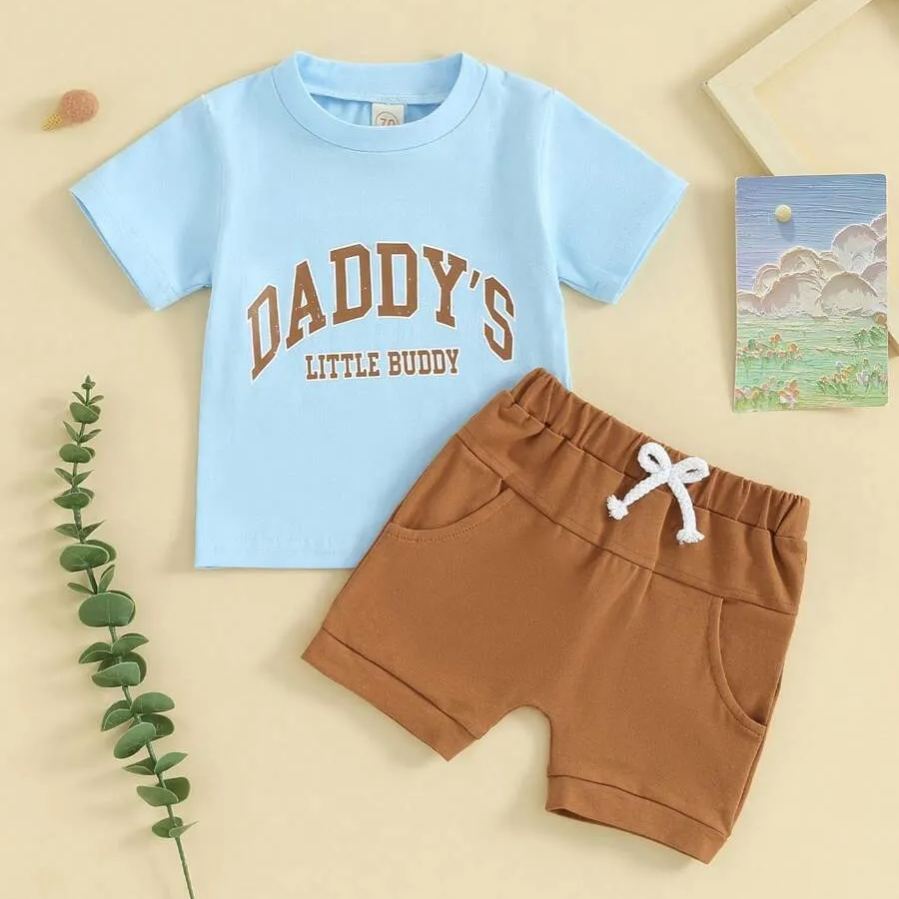 2pcs Toddler Boys Letter Print Short Sleeve T-Shirt With Elastic Waist Solid Color Shorts