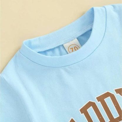 2pcs Toddler Boys Letter Print Short Sleeve T-Shirt With Elastic Waist Solid Color Shorts