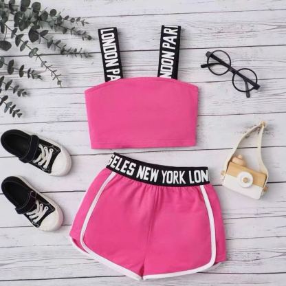 2pcs Toddler Girls Letter Tape Top & Dolphin Shorts