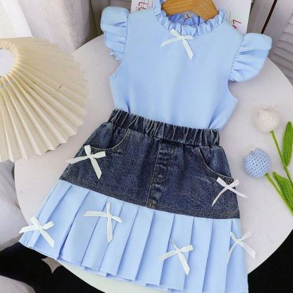 2pcs Toddler Girls Cap Sleeve Vest Top & Patchwork Pleated Skirt