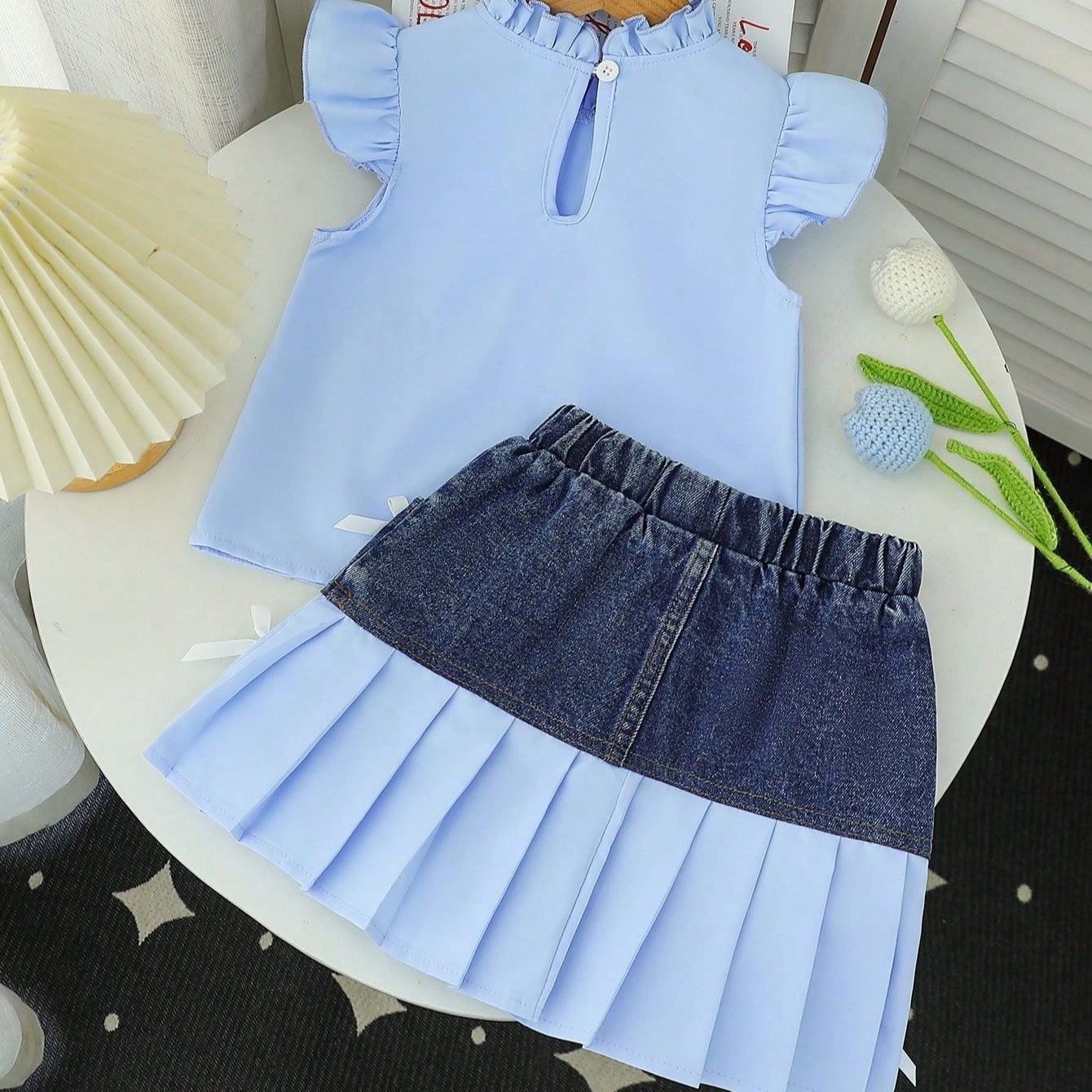 2pcs Toddler Girls Cap Sleeve Vest Top & Patchwork Pleated Skirt