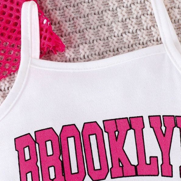 2pcs Toddler Girls Casual Sports Round Neck Short Hole Vest And Letter Print Strappy Dress