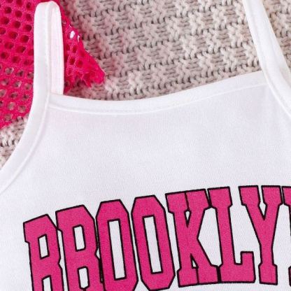 2pcs Toddler Girls Casual Sports Round Neck Short Hole Vest And Letter Print Strappy Dress