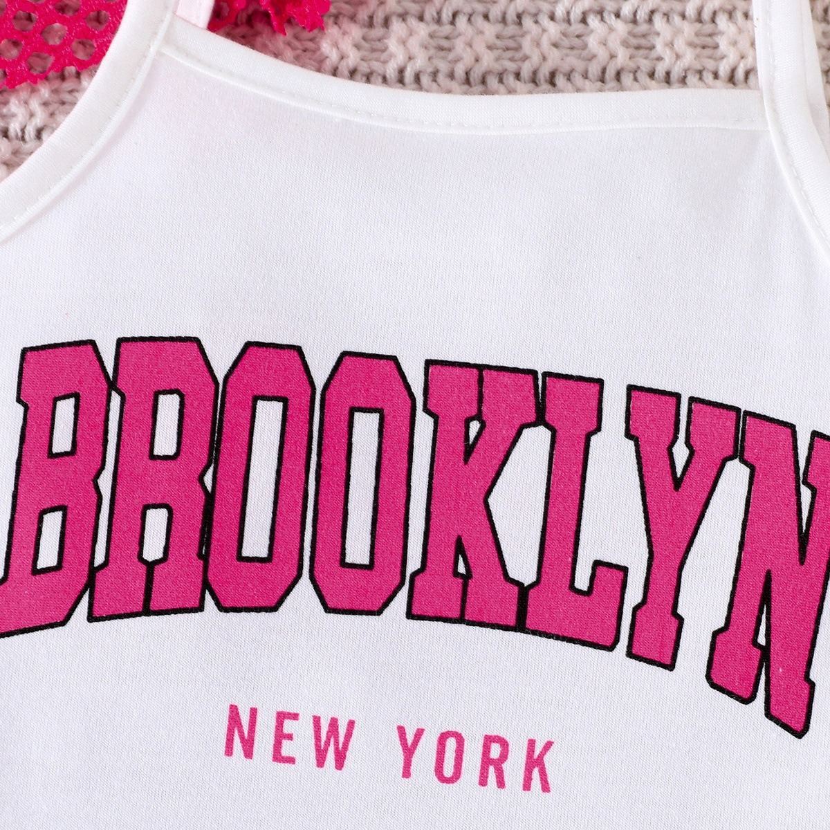 2pcs Toddler Girls Casual Sports Round Neck Short Hole Vest And Letter Print Strappy Dress