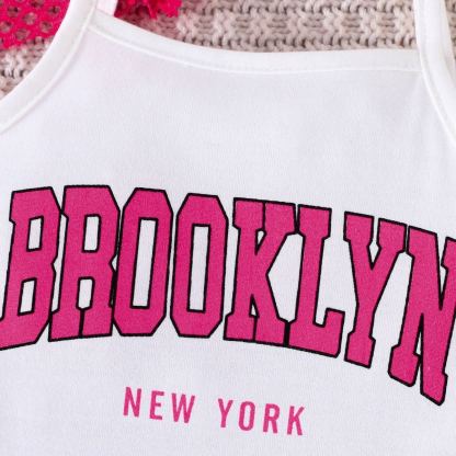 2pcs Toddler Girls Casual Sports Round Neck Short Hole Vest And Letter Print Strappy Dress