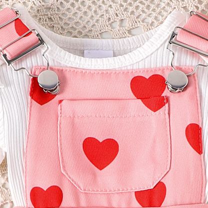 2pcs Baby Girl White Short-Sleeve Onesies & Heart Print Suspenders