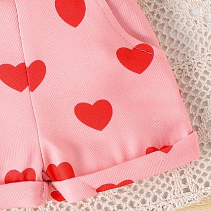 2pcs Baby Girl White Short-Sleeve Onesies & Heart Print Suspenders