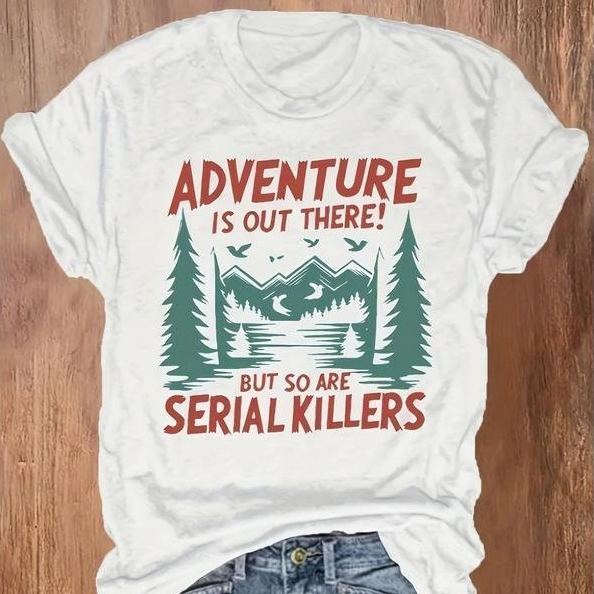 Women's Casual Short Sleeve T-Shirt - "Adventure Is Out There!" Mountain Lakes Graphic Print, Round Neck Summer, Machine Washable Outdoor Enthusiast Apparel, Everyday Comfort, Relaxed Fit