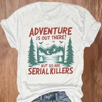 Women's Casual Short Sleeve T-Shirt - "Adventure Is Out There!" Mountain Lakes Graphic Print, Round Neck Summer, Machine Washable Outdoor Enthusiast Apparel, Everyday Comfort, Relaxed Fit