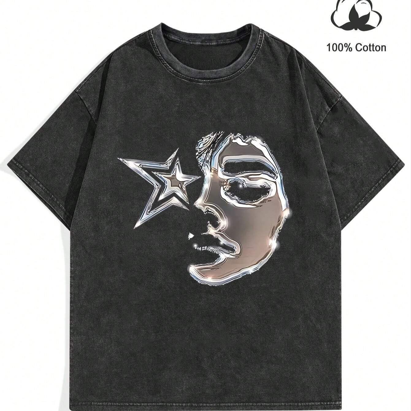 Figure & Star Print Drop Shoulder Tee- Casual Regular Fit Street Fashion Round Neck T-shirt 