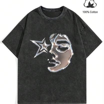Figure & Star Print Drop Shoulder Tee- Casual Regular Fit Street Fashion Round Neck T-shirt 