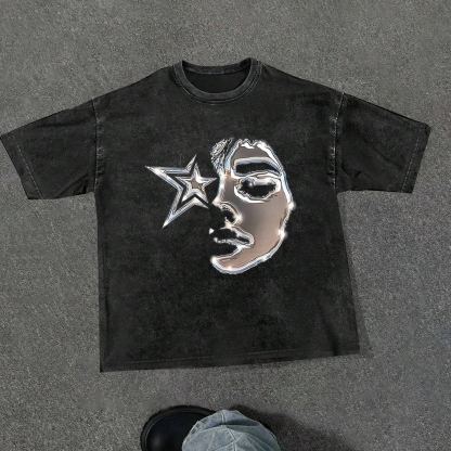 Figure & Star Print Drop Shoulder Tee- Casual Regular Fit Street Fashion Round Neck T-shirt 